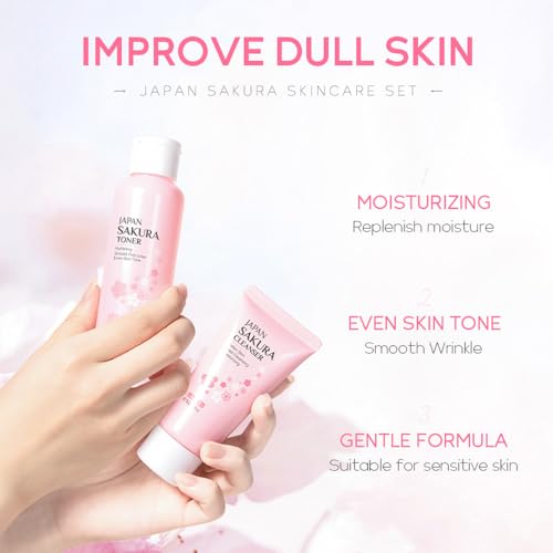 Skincare Gift Set Sakura Skin Care Travel Kit with Cleanser, Toner, Serum, Eye Cream, Face Cream for Women Girls (5pcs)