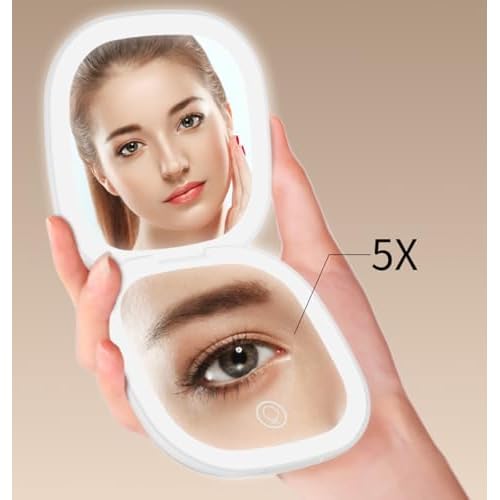 Meichoon Portable Pocket Handheld Mirror LED Lighted Compact 1X/5X Magnifying 2 Sided 3 Colors Dimmable USB Rechargeable Travel Makeup Mirror UK16 Pink