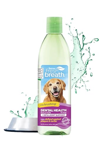 TropiClean Fresh Breath Plus Glucosamine for Hips & Joint Health | Dog Breath Water Additive | Dental Care | Dog Breath Freshener | Simple Pet Teeth Cleaning | Made in USA | 16 oz