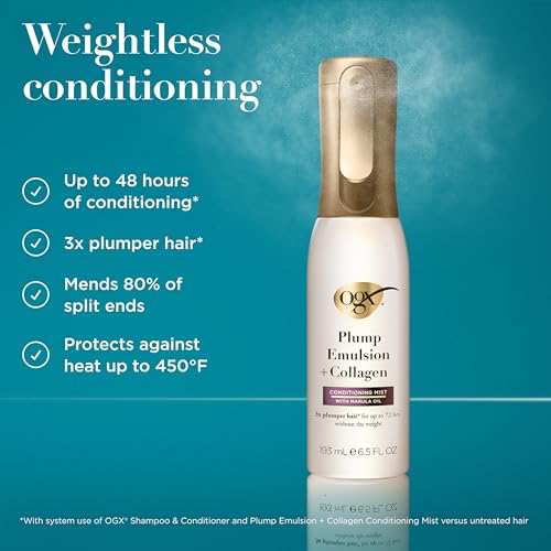 OGX Plump Emulsion + Collagen Conditioning Hair Mist, Volumizing Hair Spray with Marula Oil for 3x Plumper Hair* for up to 72 Hours Without the Weight, 450¡ÆF Heat Protection, 6.5 fl. oz