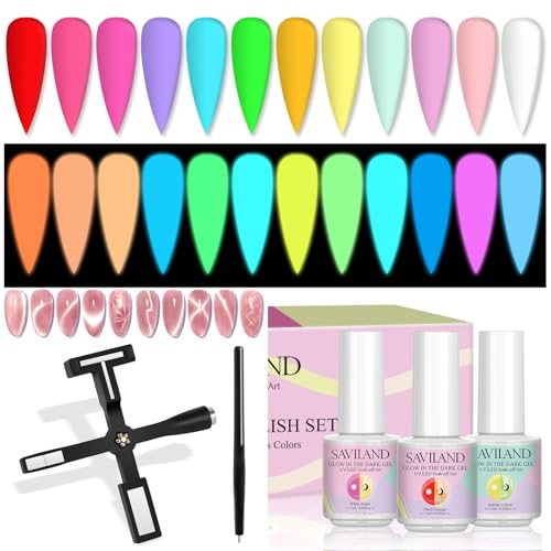 SAVILAND Glows in The Dark Gel Nail Polish Set - 12 Holiday Colors Luminous Neon Nail Gel Polish Set Cat Eye Polish Magnet Set 2024 5 in 1 Multi-Function Cat Eye Nail Magnet for Nails Easy Use Magnet