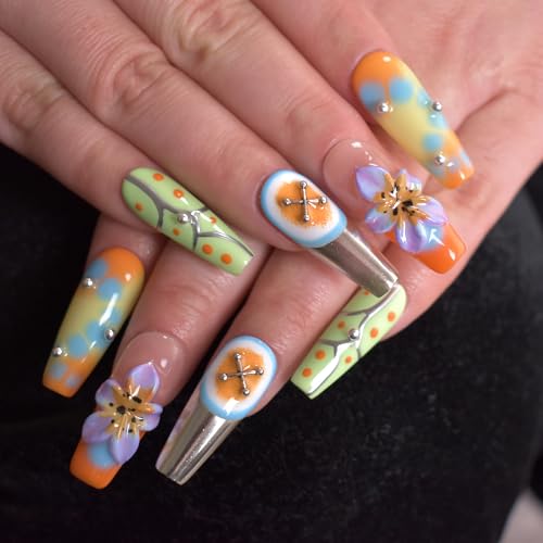 Handmade Nails 10Pcs Manual Hand-Painted Press on Nails with Hand Carved Flowers and Charms Long Coffin for Women DIY Manicure Decorations, Size M