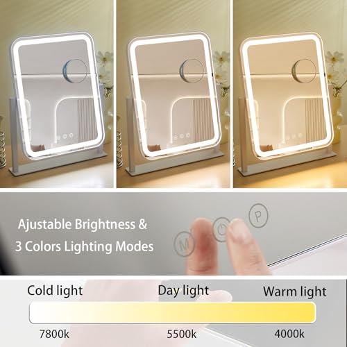 HIEEY Vanity Mirror with Lights, 3 Color Modes, 5X Magnification, Touch Control, 360° Rotation, White, Gift Box