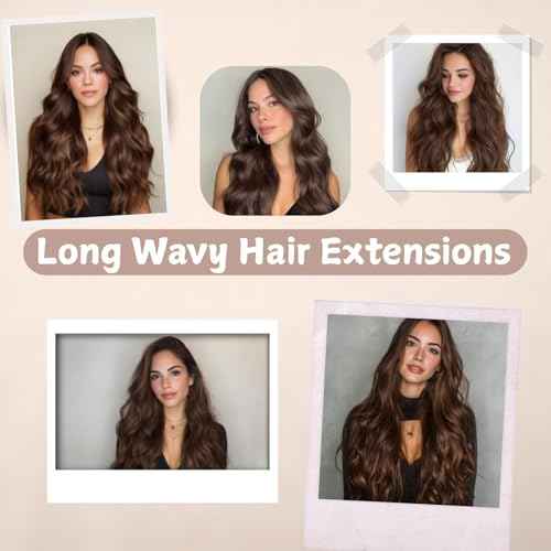 Clip in hair Extension,4Pcs Brown Clip in Synthetic Hair Extensions,22inch Long Wavy Curly Hairpieces Fiber, Chestnut Double Weft Thick and Soft Hair Extensions party daily for women girls