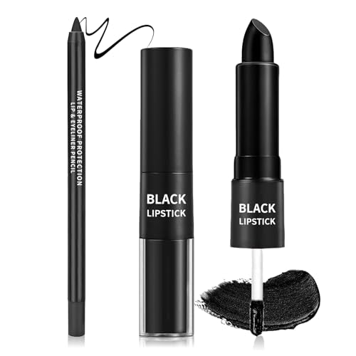 AWCCXMYM 2Pcs Black Lipstick Matte Lip Gloss Non-Sticky Lip Stain Black Liquid Lipstick Long Lasting Waterproof Lip Liner Set Christmas Festival Party Cosplay Halloween Makeup