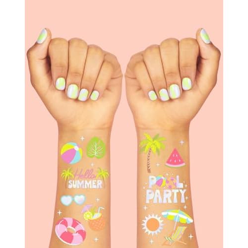 xo, Fetti Pool Party Temporary Tattoos - 68 Iridescent Foil Pcs | Summer Birthday Accessory, Kids Waterpark Party Favor, Cute Beach Activity
