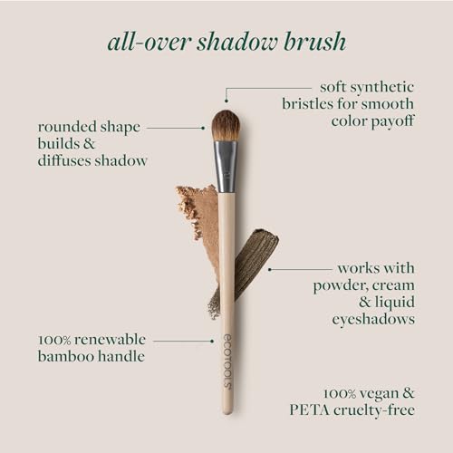 EcoTools All Over Eye Brush, Fluffy Eyeshadow Brush for Blending Lid & Crease Color, Soft Synthetic Bristles for Everyday Eye Makeup, Sustainable, Vegan & Cruelty-Free, 1 Count