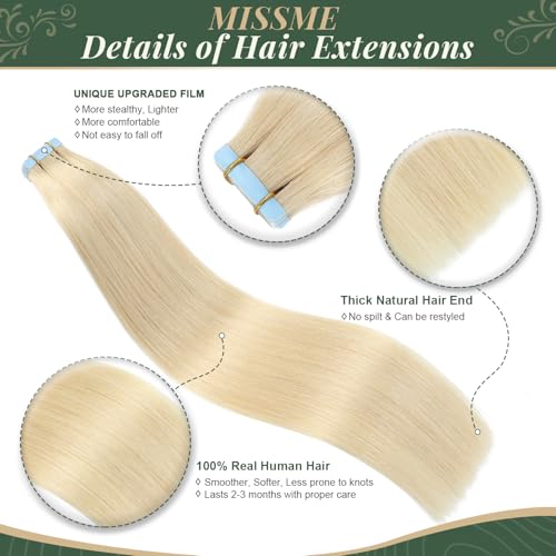 Missme Tape in Hair Extensions Human Hair 18 inch 20 Pcs 50g #613 Blonde Tape ins Human Hair Extensions Remy Hair Skin Weft Seamless Invisible Silky Straight Thick Ends Add Length