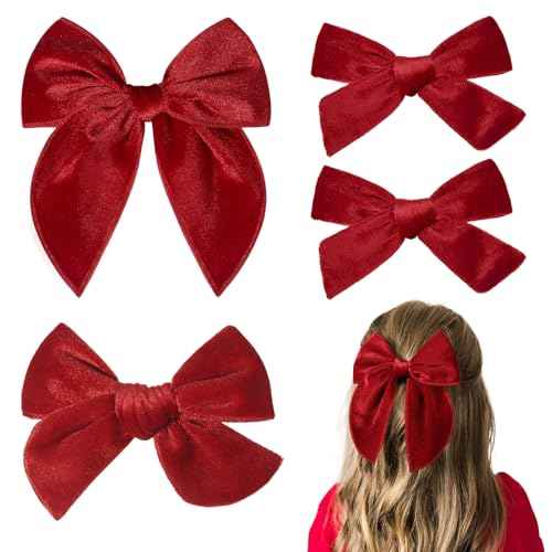DEEKA 4 PCS Red Velvet Hair Bows 3 Styles 5" & 4" Handmade Hair Bow set for Toddler Girls Alligator Hair Clips Knot Bows Hair Accessories for Little School Girls (Red)