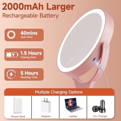 Hasipu Portable Travel Makeup Mirror with Lights ? 360¡Æ Rotating with 1X/10X Magnifying, Rechargeable Tabletop Handhold Hanging 3 in 1 Mirror (Pink)