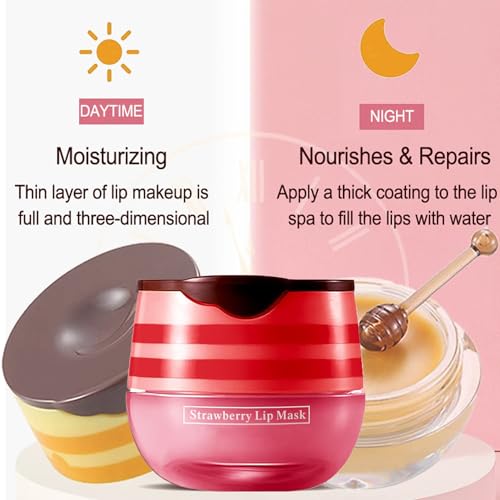 Bee Lip Balm Honey Pot, 4 Pcs Strawberry & Honey Lip Masks Hydrating Prevention Dry and Cracked Lip Scrubs Exfoliator (2 x Strawberry & 2 x Honey)