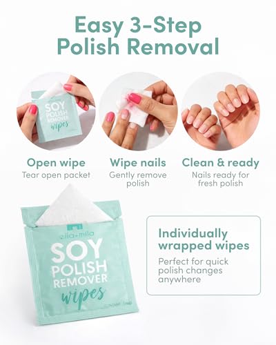 ella+mila Soy Nail Polish Remover Wipes - Non-Acetone Pads (12-Pack)