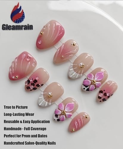 Gleamrain Short Almond Press-On Nails - Reusable Floral Fake Nails for Women