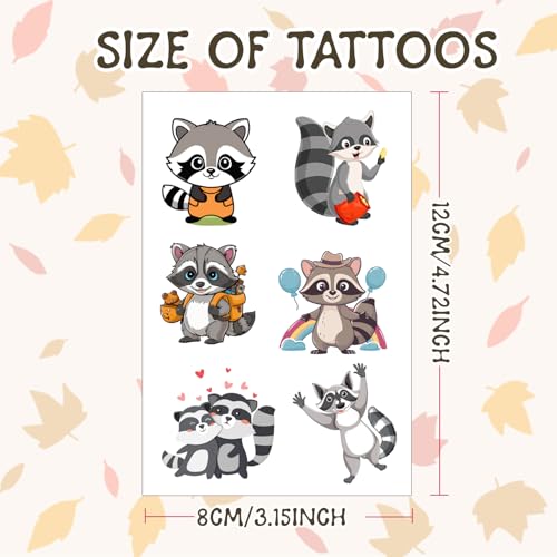 Raccoon Temporary Tattoo Stickers, 144 PCS 24 Sheets Party Favors