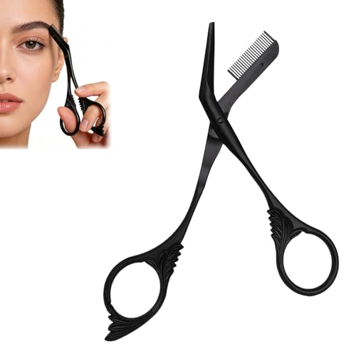 Black Stainless Steel Eyebrow Trimmer Scissors with Comb - Women & Men Grooming Kit