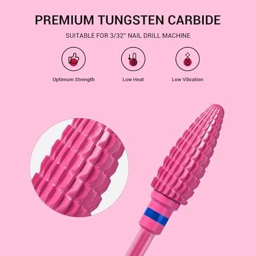 MelodySusie Large Cone Nail Drill Bits, 3/32'' Carbide Tungsten Multi-function Bits, Fast Remove Acrylic or Hard Gel for Manicure Pedicure Salon Professional or Beginner, Pink Blossom, Medium