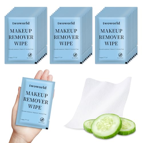 Twoworld Makeup Remover Wipes Bulk Individually Wrapped,Travel Makeup Wipes Gentle for Face Cleansing Mascara Lipstick Travel Hotel(Cucumber,Pack of 100)