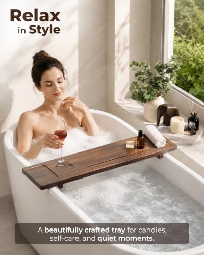 Acacia Wood Bathtub Caddy Tray - 34.6" Adjustable Bath Tray