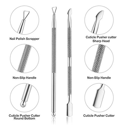 Silver 2-Pack Cuticle Pusher and Cutter Set with Storage Case - Manicure Tools