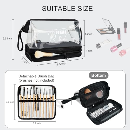 Rough Enough Clear Cosmetic Bag for Women and Men, Leakproof Travel Makeup Organizer, with Detachable Brush Pouch, Large Opening, 6.5¡±x5¡±x8.5¡±