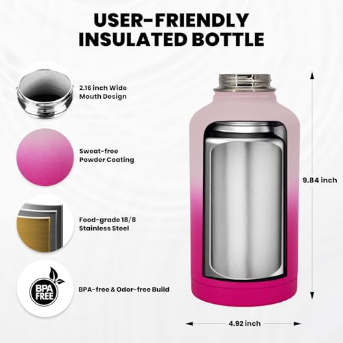 RAYMYLO Insulated Water Bottle 64 oz, Triple Wall Vacuum Stainless Steel (Cold for 48 Hrs), Leak Proof & Non-BPA, Half Gallon Water Flask Jug with Paracord Handle & Straw Spout Lids, Ombre Pink