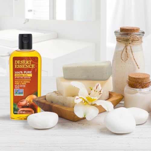 Desert Essence 100% Pure Jojoba Oil ? 8 Fl Oz Moisturizer for Hair, Skin & Scalp | Makeup Remover & Aftershave Hydrator, Non-GMO, Vegan, Cold-Pressed, Anti-Flakiness & Non-Clogging Beauty Elixir