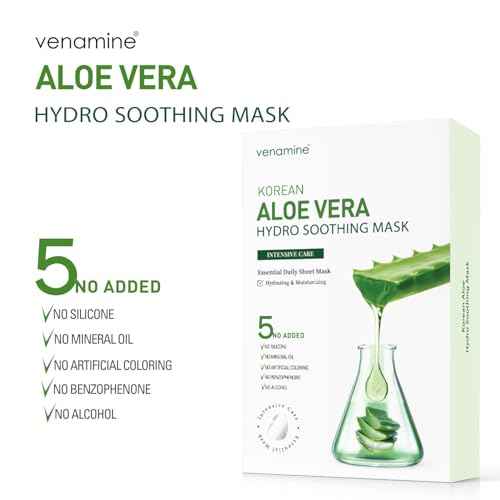 VENAMINE Korean Aloe Vera Hydro Soothing Face Masks, Moisturizing Sheet Mask for Sensitive Skin, 0.81 fl. oz (10 sheet)
