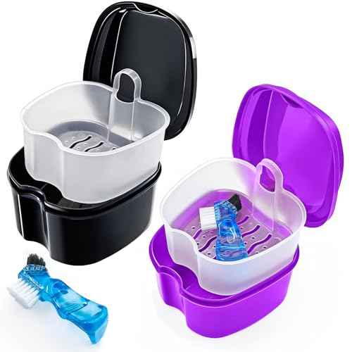2 Pack Travel Denture Bath Case Set Orthodontic Dental Box Case with Brush, Denture Soaking Cup False Teeth Retainer Container for Clear Braces, Mouth Guard, Night Guard