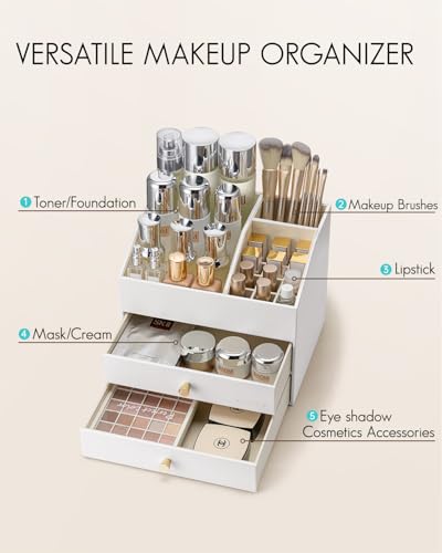 VLANDO Makeup Organizer with Drawers - Large PU Leather Cosmetic Storage