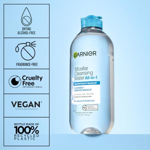 Garnier SkinActive Micellar Water for Waterproof Makeup 13.5 Fl Oz - Gentle Facial Cleanser & Makeup Remover - Pack of 1