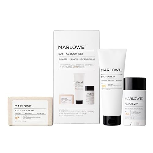 MARLOWE. Men's Grooming Santal Body Set, Features No. 102 Scrub Soap Bar, No. 024 Deodorant & No. 002 Body Lotion, Warm Amber, Sandalwood & Citron Scent