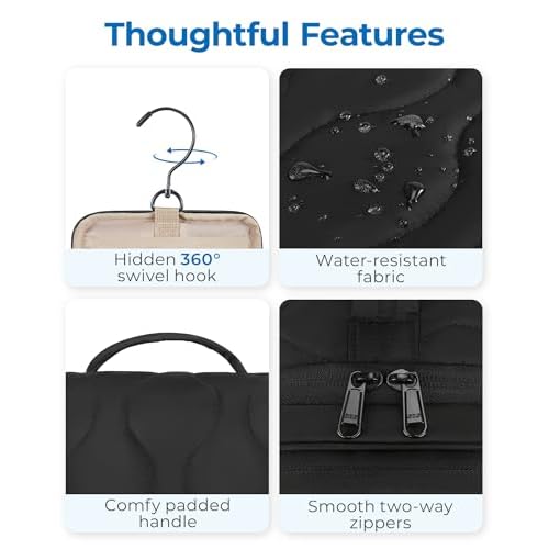 BAGSMART Toiletry Bag for Women, Wide-open Makeup Bag Organizer for Travel Essentials Travel-size, Water-resistant Large Capacity Cosmetic Bag for Accessories, Shampoo, Toiletries with Handle, Black