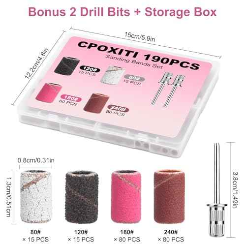 190 Pcs Sanding Bands for Nail Drill, 2 Pcs Nail Drill Bits Set, 80/120/180/240 Grits Nail Sanding Bands for Acrylic Gel Manicures, Pedicures