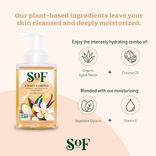 South Of France Sweet Almond Foaming Hand Wash by SoF Body Care (Formerly Body Care) | Hydrating Organic Agave Nectar| 8 oz Pump Bottle Each | 3 Bottles