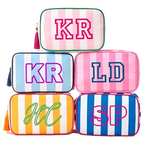 Personalized Embroidered Striped Cosmetic Bag with Name - Waterproof Travel Makeup Case