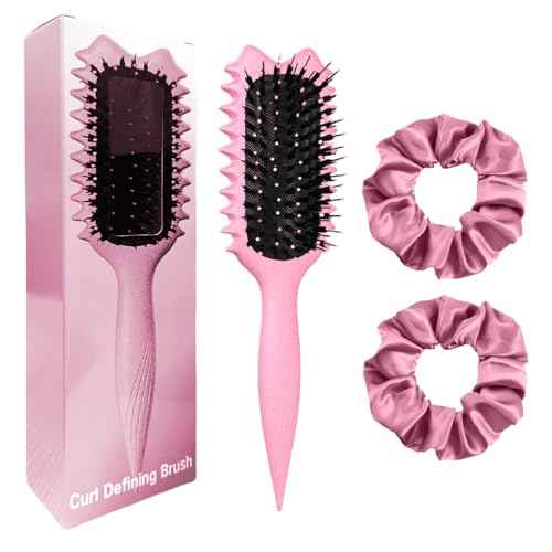 Curly Hair Brush Boar Bristles Curl Defining Brush With 2 Psc Silk Scrunchies Detangling Brush For Curly Hair Detangling Brush Styling Comb Curling Curling Brush (Pink)