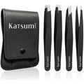 Katsumi Pinnacle 4-Piece Tweezers Set ? Precision Stainless Steel Tweezers for Eyebrows, Facial Hair, Ingrown Hair, Splinters, Hair removal Tweezer for Men & Women, Professional Tweezer Kit (Black)