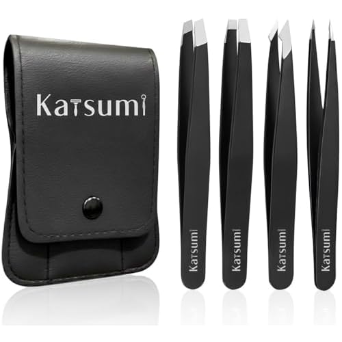 Katsumi Pinnacle 4-Piece Tweezers Set ? Precision Stainless Steel Tweezers for Eyebrows, Facial Hair, Ingrown Hair, Splinters, Hair removal Tweezer for Men & Women, Professional Tweezer Kit (Black)