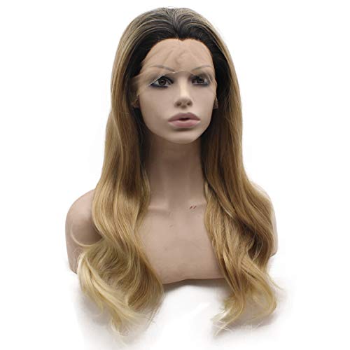 MX angel Long Wavy Ombre Blonde Hand Tied Synthetic Wig Lace Front Heat Resistant Fiber Hair Wig