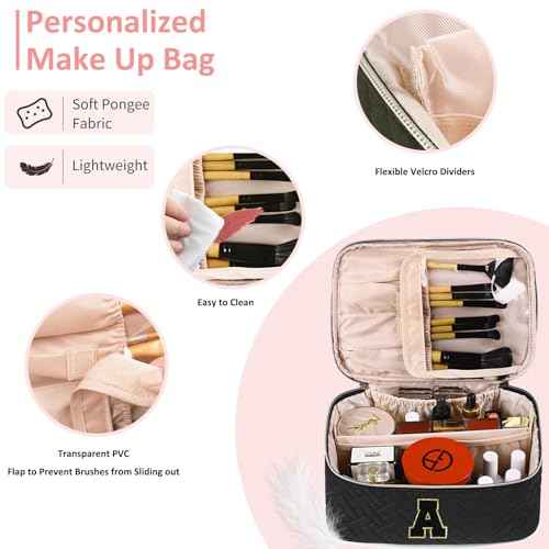 Gifts Initial Makeup Organizer Bag for Girls, Chenille Letter Personalized Cosmetic Bag with Zipper | Preppy Quilted Portable Makeup Pouch Teen Birthday Gifts Trendy for Women Friend (A)