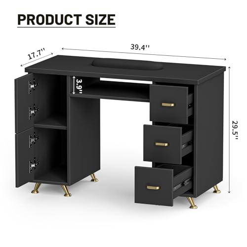 Black Nail Tech Manicure Table with Drawers | Professional Salon Desk