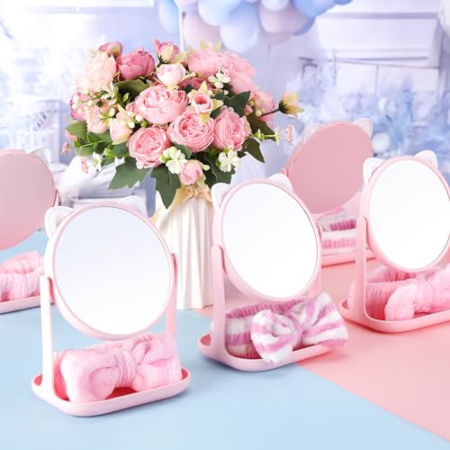 8 Set Spa Party Supplies Cat Table Mirrors Pink Bow Headbands for Sleepover Slumber Birthday Party Favors Washing Face Makeup Gifts(Cat)
