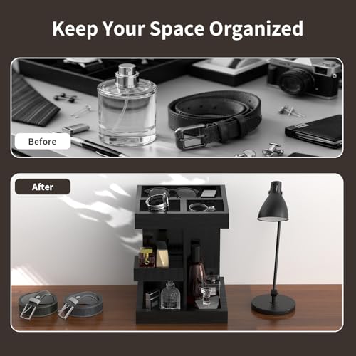 Wooden Cologne Organizer for Men: 3 Tier Perfume Display Stand with 360 Degree Rotating for Desk & Nightstand - Large Capacity Cologne Shelf Organizer for Mens Gift (Black)