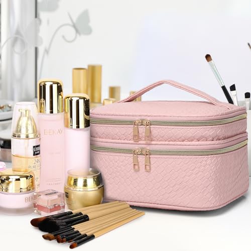 Large Makeup Bag for Women Double Layer Cosmetic Bag with Jewelry Organizer Compartment Waterproof Travel Toiletry Bag (B/Pink)
