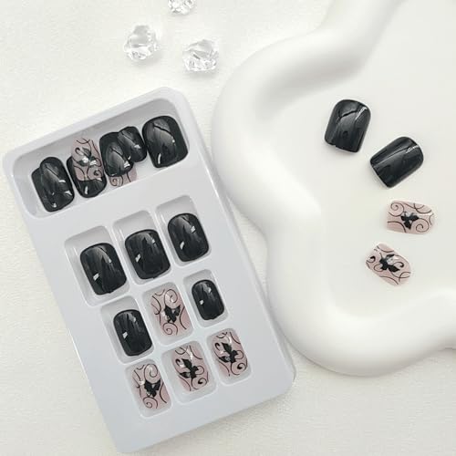 Press on Nails Short White French Tip Fake Nails Square False Nails with Straight Lines Designs Pink Full Cover Acrylic Nails Glossy & Gold Glitter Glue on Nails for Women 24Pcs