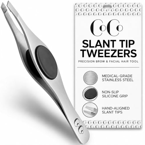 Coco's Closet Silver Precision Tweezers for Eyebrows & Facial Hair Removal, Slant Tip