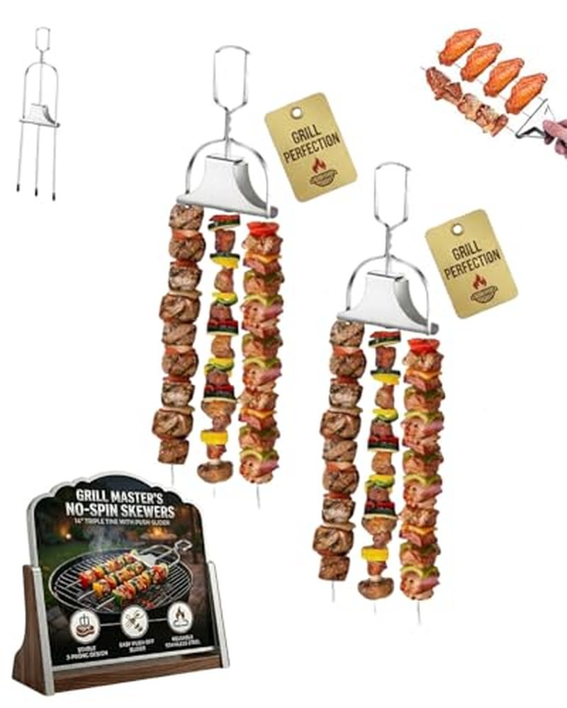 3-Prong Stainless Steel Skewers for Grilling Kabobs - Anti Spin