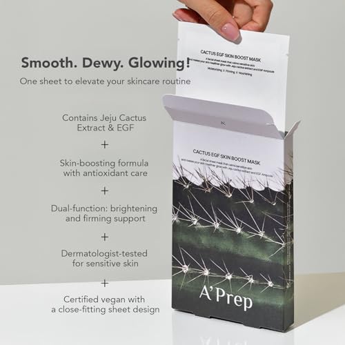 A'Prep Cactus EGF Skin Boost Mask (5 Sheets) ? Hydrating & Nourishing Sheet Mask with Jeju Cactus Extract & EGF | Vegan-Certified for Sensitive Skin | Korean Skincare