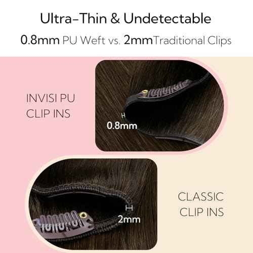 HOTBANANA Invisi Edge Clip in Hair Extensions, 18inch 110g 7Pcs Injected Seamless Clip in Extensions Real Human Hair Ombre Walnut Brown to Ash Brown and Bleach PU Hair Extensions Straight Hair