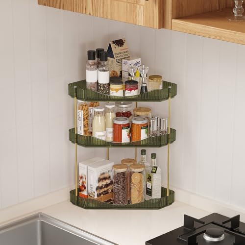 Lifewit 3-Tier Corner Bathroom Counter Organizer, Plastic Makeup Skincare Organizers Storage Countertop, Large Sink Cosmetic Perfume Shelf for Bedroom, Dresser, Kitchen, Vanity, Green, 39 cm/15inch(H)